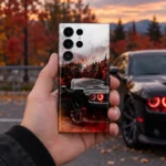Dodge Demon mobile skin with a black muscle car, red headlights and autumn forest, autumn handheld