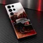 Dodge Demon mobile skin with a black muscle car, red headlights and autumn forest, carbon surface detail