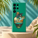 Don't Bottle Up emerald-green mobile skin with tropical heart-shaped bottle illustration, tropical studio hero view