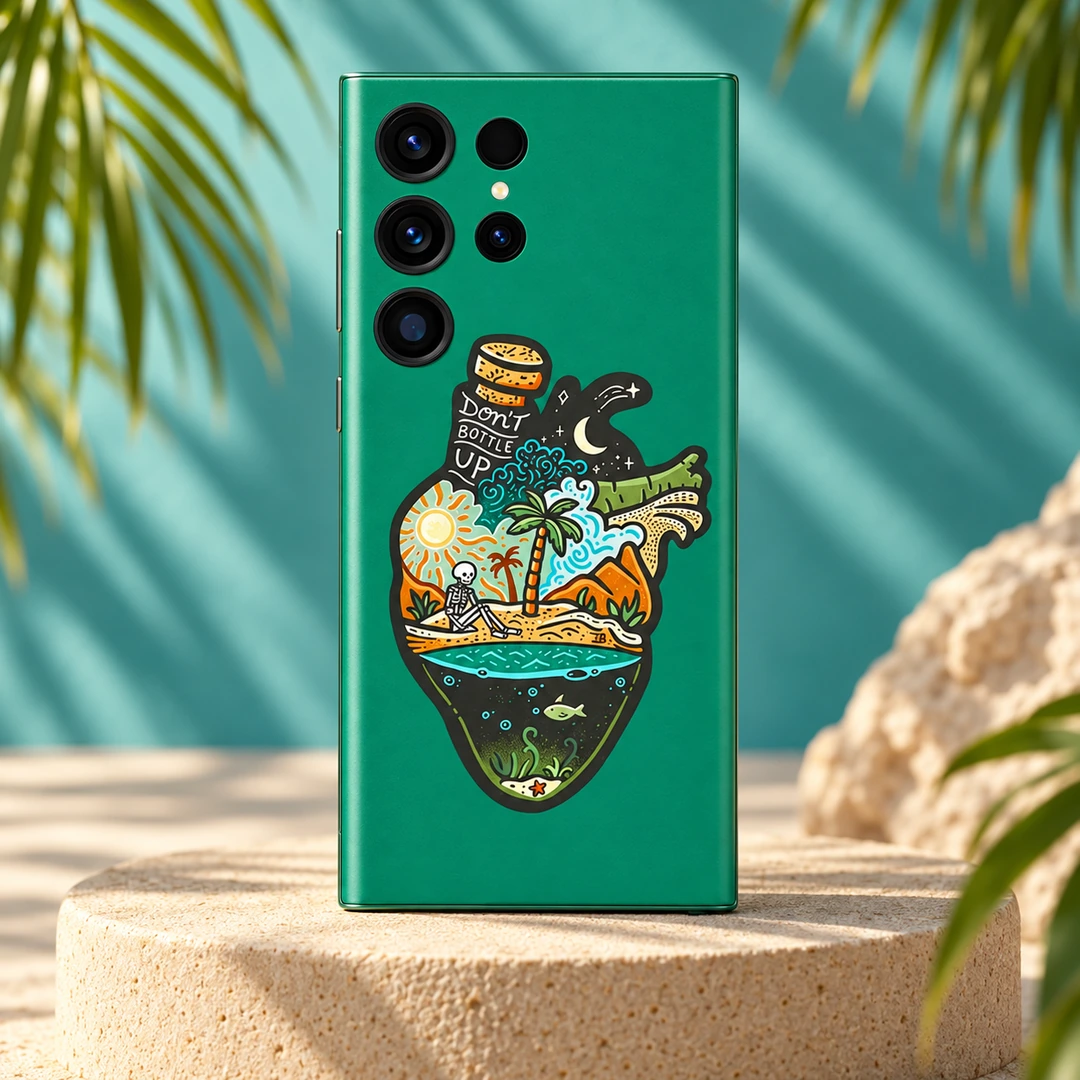 Don't Bottle Up Green Tropical Mobile Skin - Tropical Studio Hero Don't Bottle Up emerald-green mobile skin with tropical heart-shaped bottle illustration, tropical studio hero view