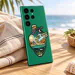 Don't Bottle Up emerald-green mobile skin with tropical heart-shaped bottle illustration, coastal table lifestyle view