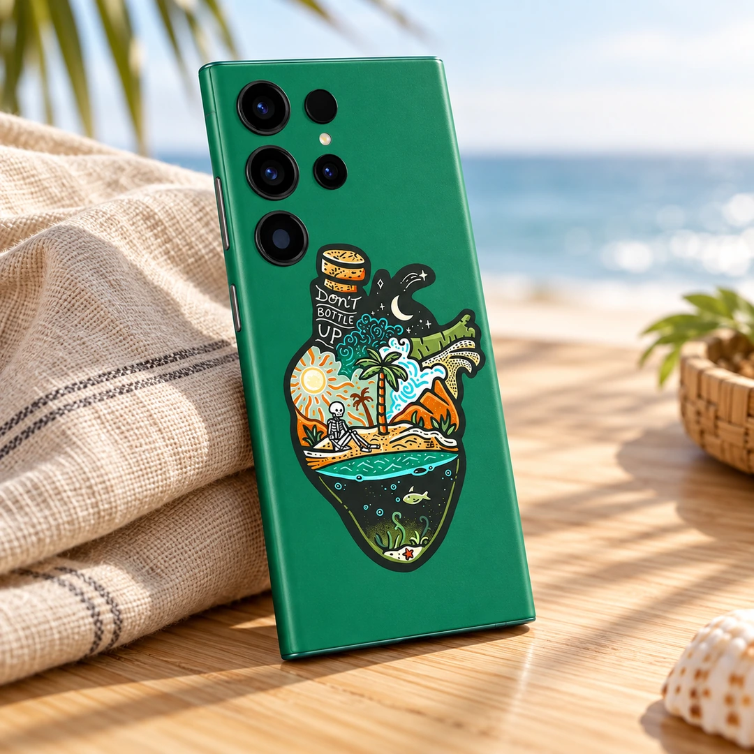 Don't Bottle Up Green Tropical Mobile Skin - Coastal Table Lifestyle Don't Bottle Up emerald-green mobile skin with tropical heart-shaped bottle illustration, coastal table lifestyle view