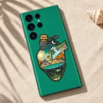 Don't Bottle Up emerald-green mobile skin with tropical heart-shaped bottle illustration, canvas flat lay view