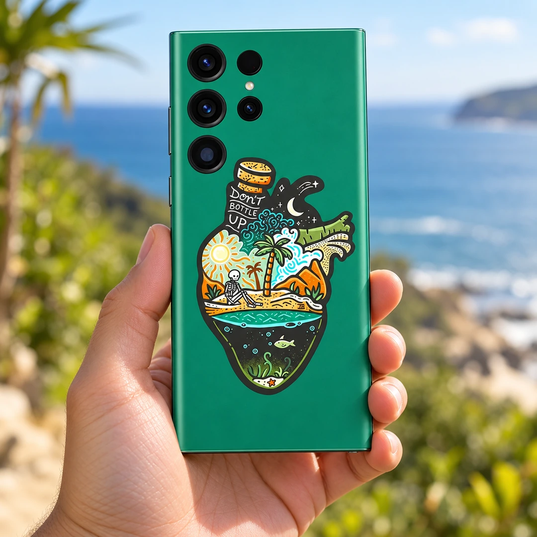 Don't Bottle Up Green Tropical Mobile Skin - Coastal Handheld Don't Bottle Up emerald-green mobile skin with tropical heart-shaped bottle illustration, coastal handheld view