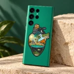 Don't Bottle Up emerald-green mobile skin with tropical heart-shaped bottle illustration, emerald studio detail view
