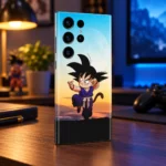 Dragon Ball Kid Goku sunset mobile skin, warm gaming desk angle