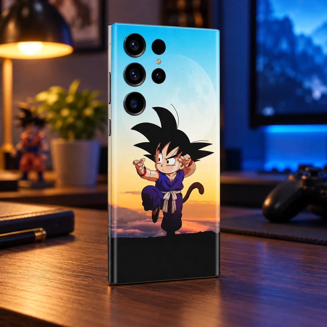 Dragon Ball Kid Goku Sunset Mobile Skin - warm gaming desk angle Dragon Ball Kid Goku sunset mobile skin, warm gaming desk angle