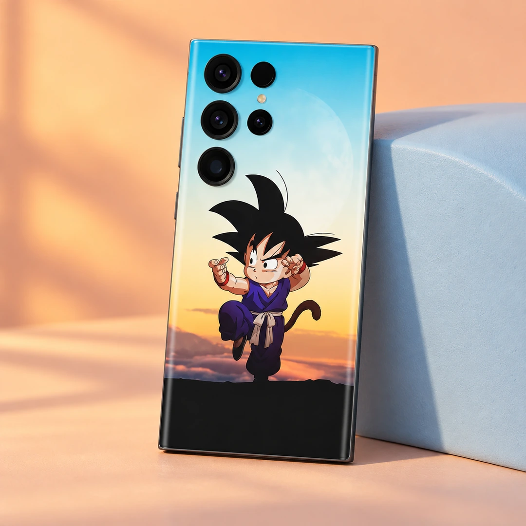 Dragon Ball Kid Goku Sunset Mobile Skin - peach and blue studio view Dragon Ball Kid Goku sunset mobile skin, peach and blue studio view