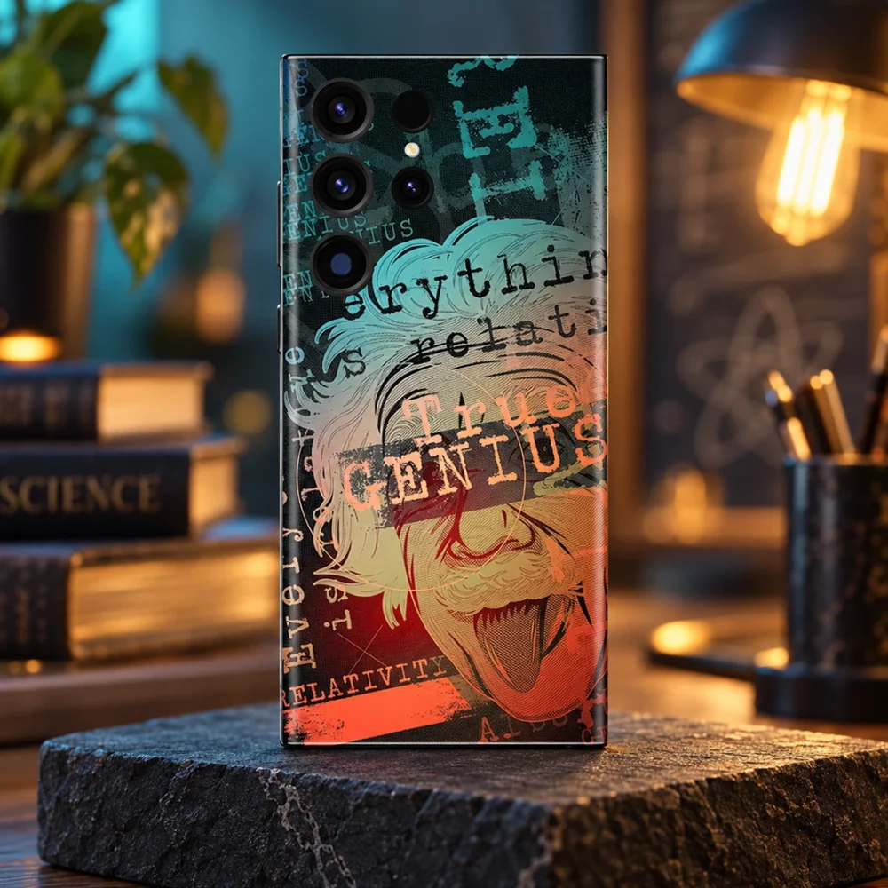 Einstein Art Mobile Skin with True Genius portrait on charcoal display hero