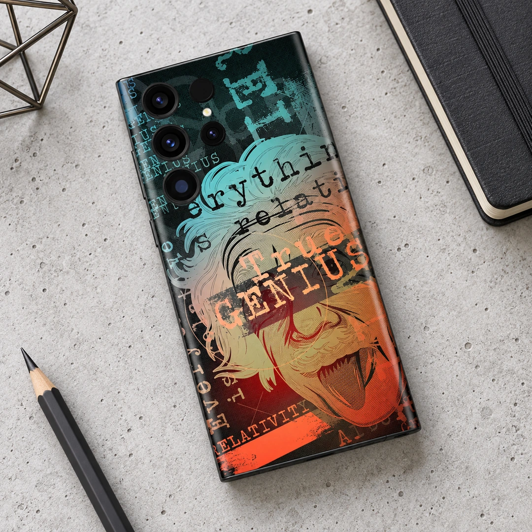 Einstein Art Mobile Skin – Concrete desk flat lay Einstein Art Mobile Skin with True Genius portrait on concrete desk flat lay