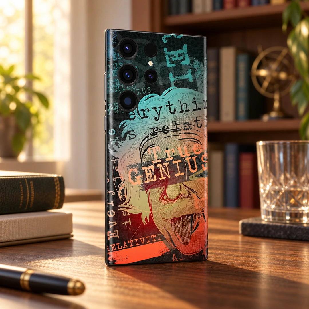 Einstein Art Mobile Skin – Warm library desk Einstein Art Mobile Skin with True Genius portrait on warm library desk
