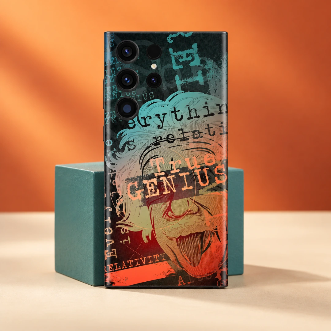 Einstein Art Mobile Skin – Teal cube studio Einstein Art Mobile Skin with True Genius portrait on teal cube studio