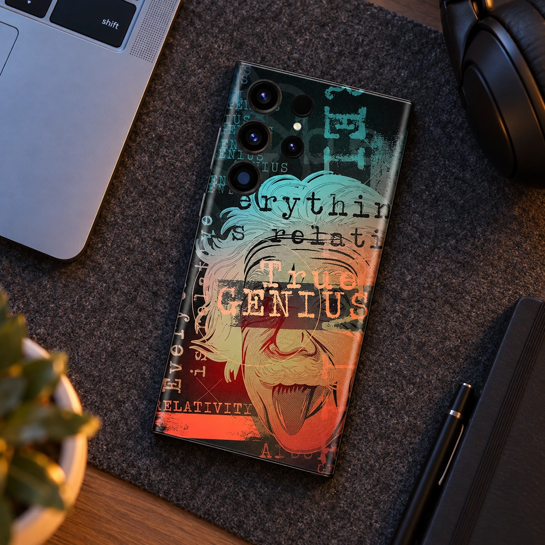 Einstein Art Mobile Skin – Evening laptop desk Einstein Art Mobile Skin with True Genius portrait on evening laptop desk