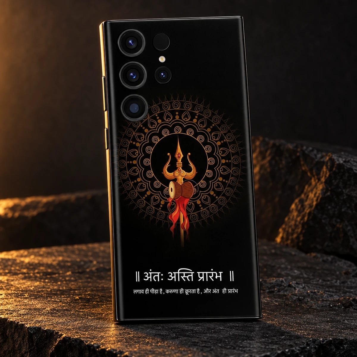 End Is The Beginning Mobile Skin - Amber studio End Is The Beginning black Trishul Damru mobile skin with amber lighting on charcoal stone