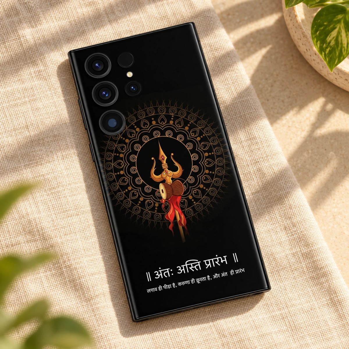 End Is The Beginning Mobile Skin - Warm linen flatlay End Is The Beginning Trishul mobile skin laid diagonally on warm beige linen