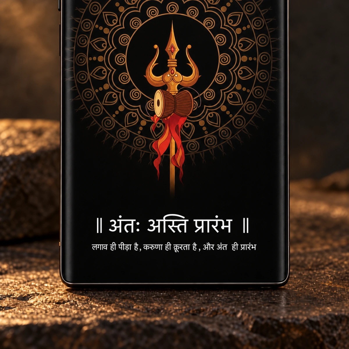 End Is The Beginning Mobile Skin - Quote and artwork close-up Close-up of the Trishul Damru artwork and End Is The Beginning Devanagari quote on black mobile skin