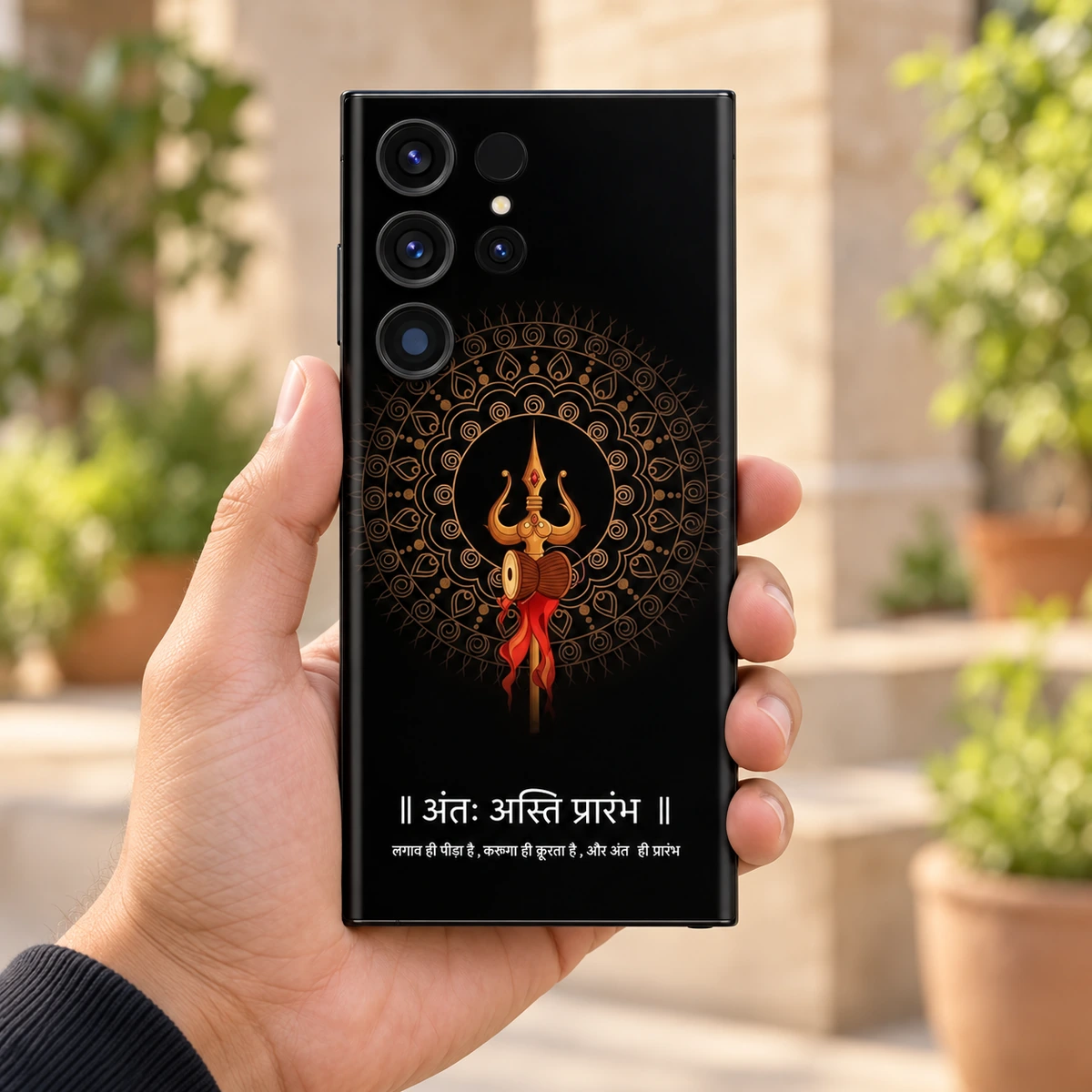End Is The Beginning Mobile Skin - Courtyard lifestyle End Is The Beginning black and gold mobile skin held in hand in a sunlit courtyard