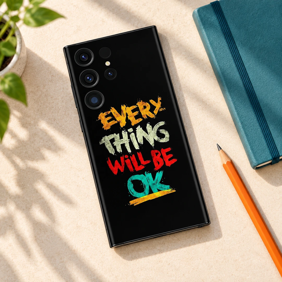 Every Thing Will Be OK Mobile Skin - Study Desk Flat Lay Black Every Thing Will Be OK quote mobile skin, study desk flat lay