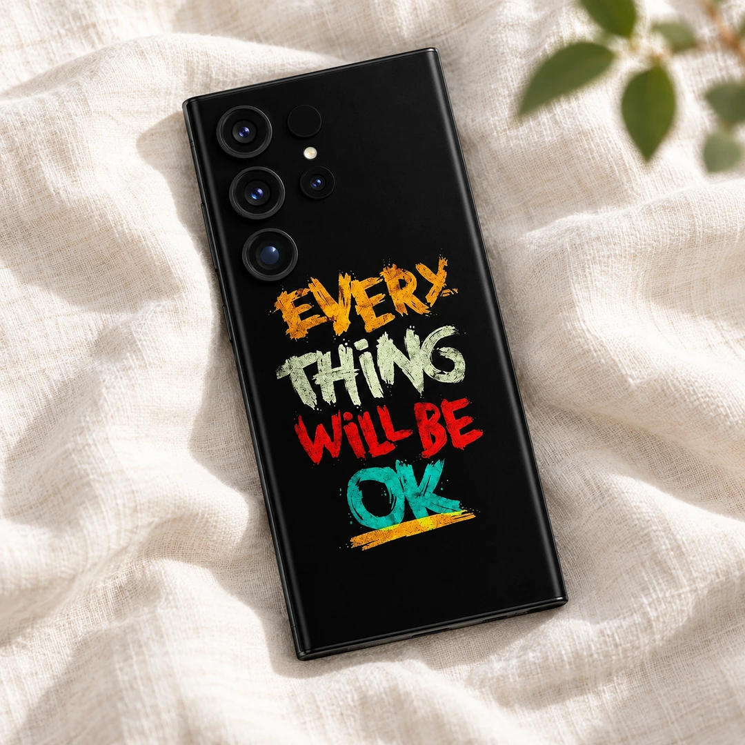 Every Thing Will Be OK Mobile Skin - Linen Detail View Black Every Thing Will Be OK quote mobile skin, linen detail view