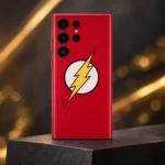 Red Flash logo mobile skin with yellow lightning bolt, gold light studio hero