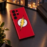 Red Flash logo mobile skin with yellow lightning bolt, evening city desk