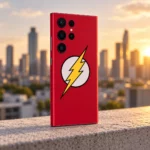 Red Flash logo mobile skin with yellow lightning bolt, rooftop daylight view