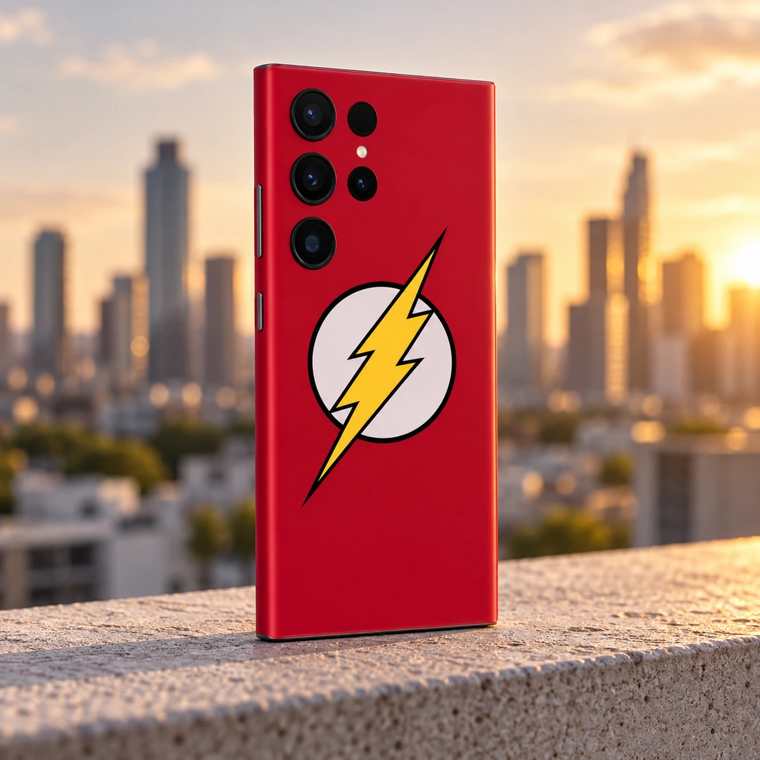 Flash Logo Mobile Skin - Rooftop daylight view Red Flash logo mobile skin with yellow lightning bolt, rooftop daylight view