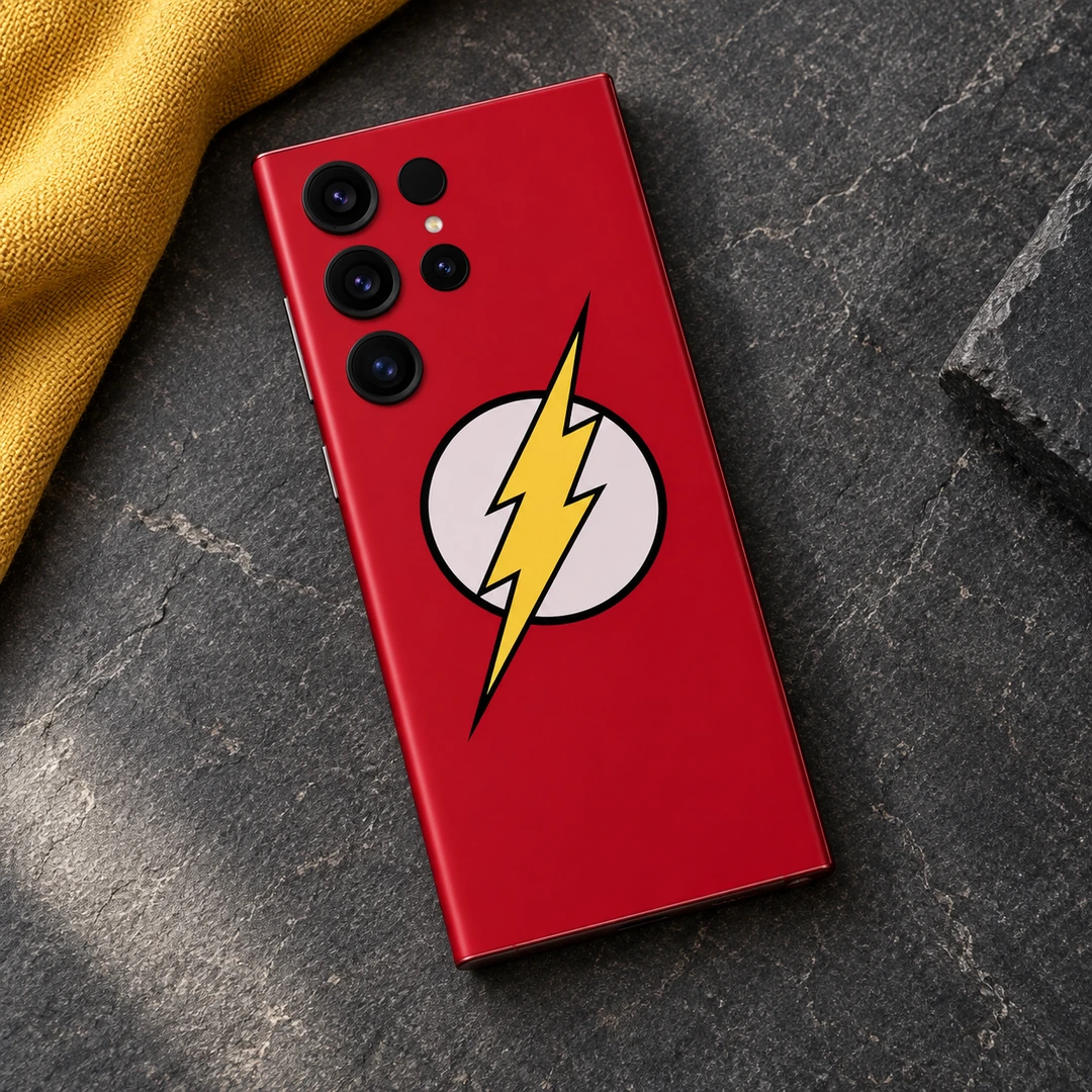 Flash Logo Mobile Skin - Mustard slate flat lay Red Flash logo mobile skin with yellow lightning bolt, mustard slate flat lay