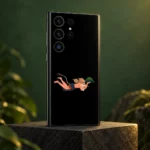 Flying Hanuman mobile skin in a muted forest green studio setting