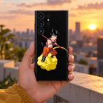 Flying Nimbus Goku Mobile Skin shown in hand on a sunset rooftop