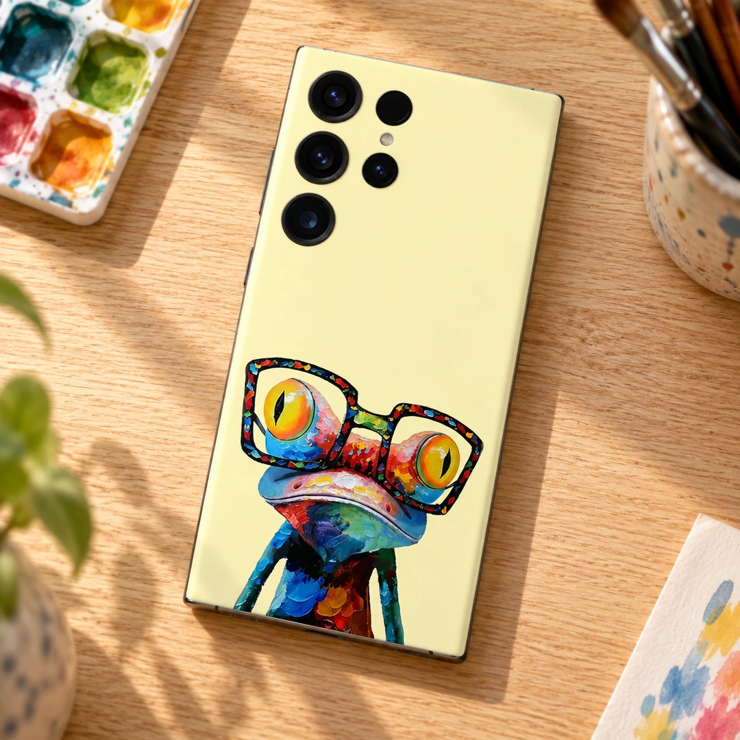Frog With Glasses Mobile Skin - artist desk flat lay Pale yellow Frog With Glasses Mobile Skin with colorful frog artwork, artist desk flat lay