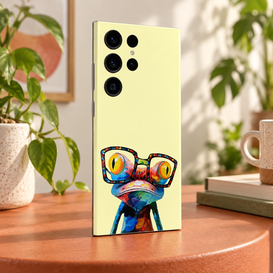 Frog With Glasses Mobile Skin - creative apartment Pale yellow Frog With Glasses Mobile Skin with colorful frog artwork, creative apartment