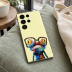 Pale yellow Frog With Glasses Mobile Skin with colorful frog artwork, cafe linen lifestyle