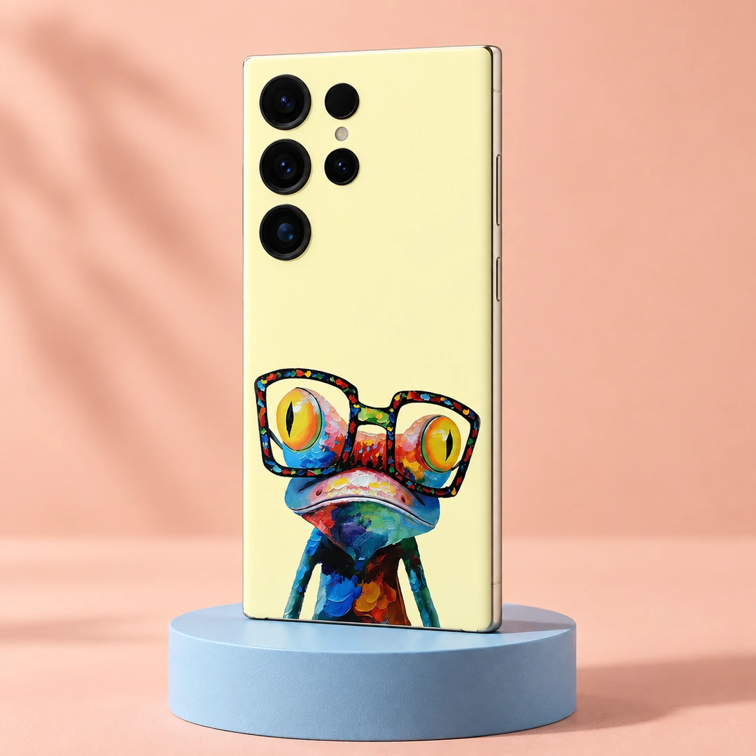 Frog With Glasses Mobile Skin - pastel studio angle Pale yellow Frog With Glasses Mobile Skin with colorful frog artwork, pastel studio angle