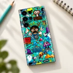 Turquoise funny blue doodle mobile skin with colorful sticker characters, creative desk