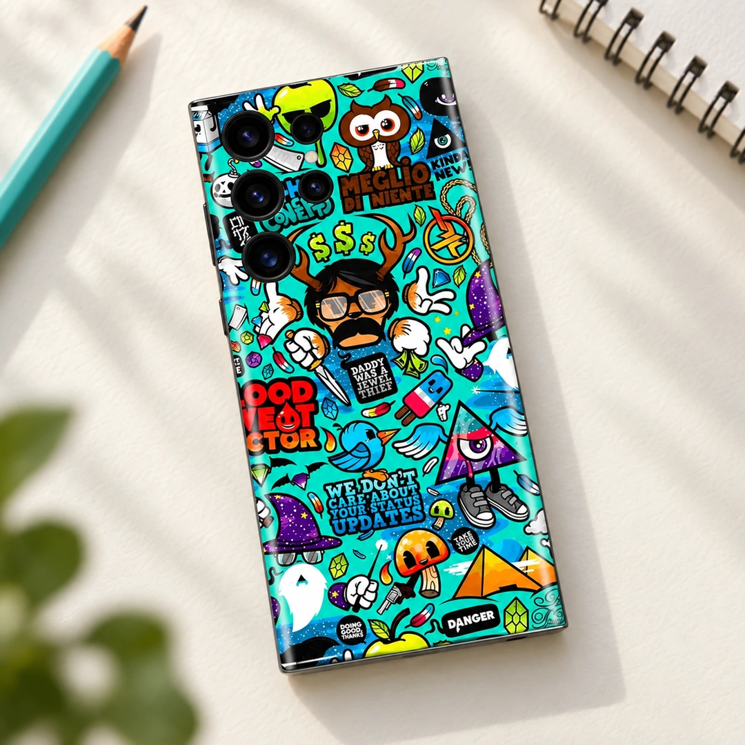 Funny Blue Doodle Pattern Mobile Skin – creative desk Turquoise funny blue doodle mobile skin with colorful sticker characters, creative desk