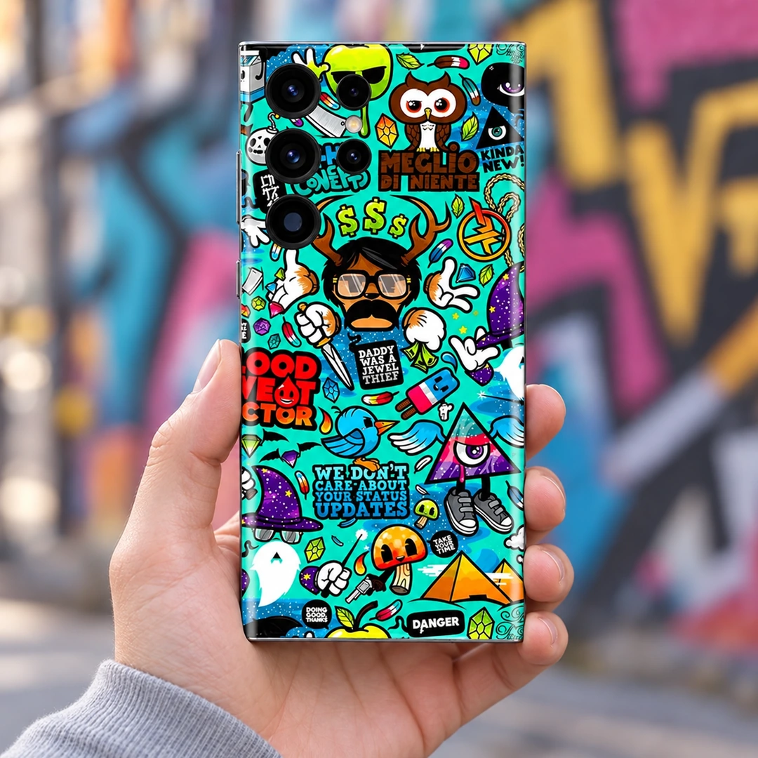 Funny Blue Doodle Pattern Mobile Skin – handheld Turquoise funny blue doodle mobile skin with colorful sticker characters, handheld