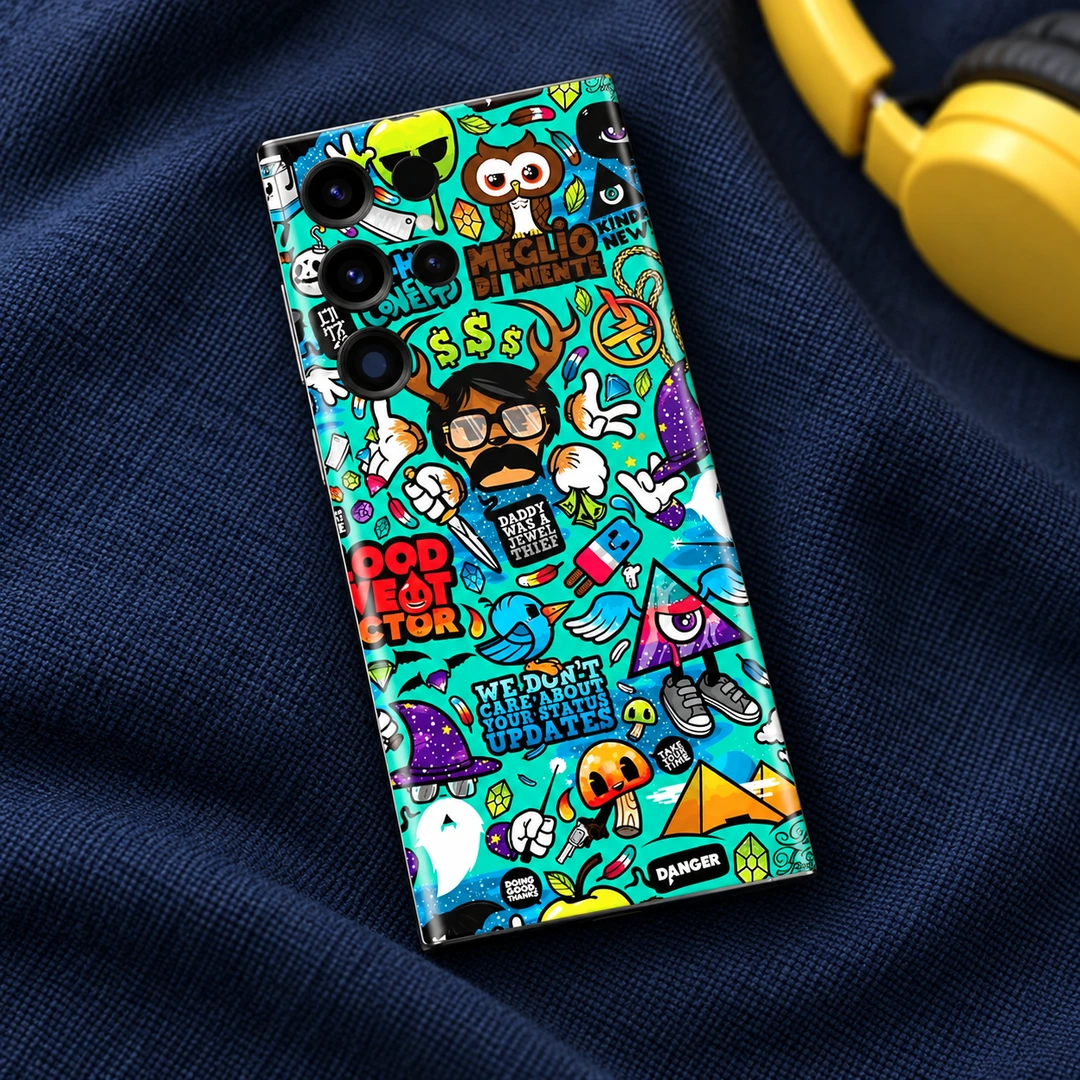 Funny Blue Doodle Pattern Mobile Skin – navy flatlay Turquoise funny blue doodle mobile skin with colorful sticker characters, navy flatlay