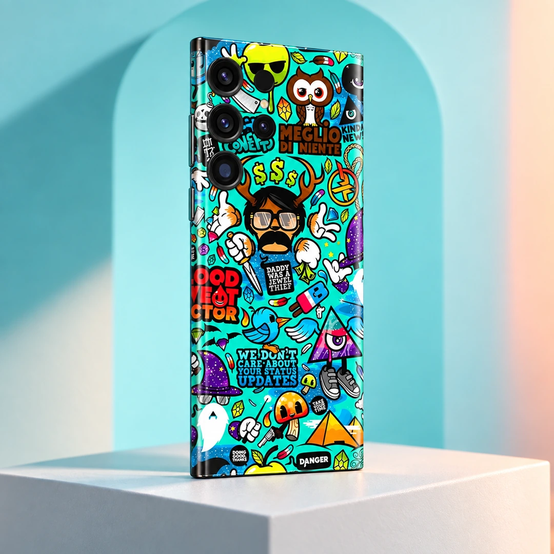 Funny Blue Doodle Pattern Mobile Skin – podium angle Turquoise funny blue doodle mobile skin with colorful sticker characters, podium angle