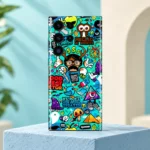 Turquoise funny blue doodle mobile skin with colorful sticker characters, studio hero