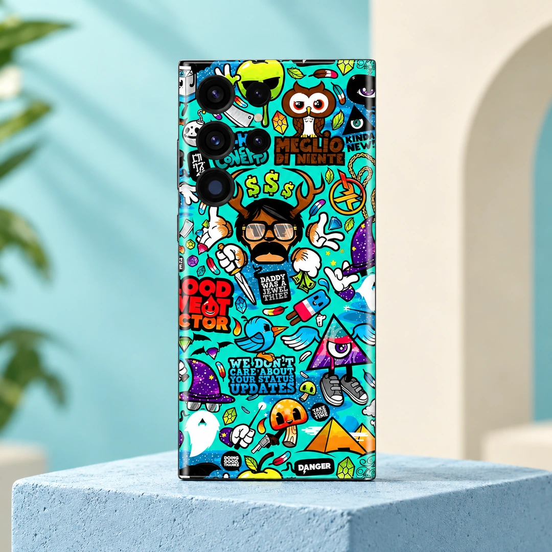 Funny Blue Doodle Pattern Mobile Skin – studio hero Turquoise funny blue doodle mobile skin with colorful sticker characters, studio hero