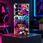 Future Gamer Mobile Skin with colorful controller graffiti in a neon studio hero photograph