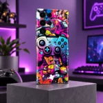 Future Gamer Mobile Skin with colorful controller graffiti in a purple room angle photograph