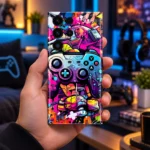 Future Gamer Mobile Skin with colorful controller graffiti in a gaming lounge handheld photograph