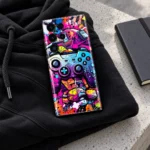 Future Gamer Mobile Skin with colorful controller graffiti in a black hoodie editorial photograph
