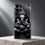 Ganesh Statue Black and Silver Mobile Skin displayed upright on a pale stone pedestal