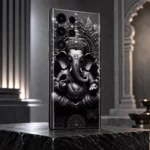 Black and silver Ganesha statue mobile skin from a charcoal studio rear angle