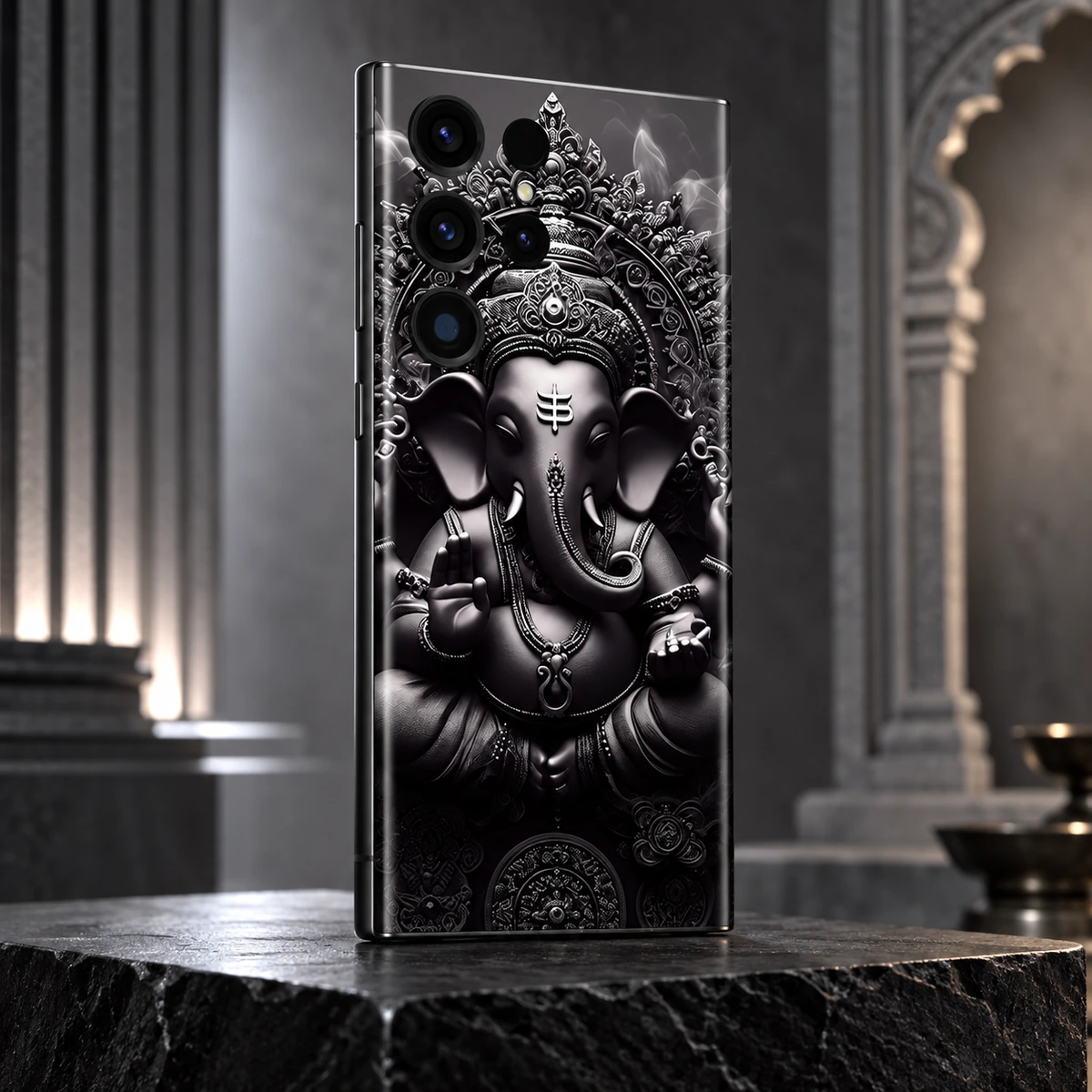 Ganesh Statue Mobile Skin - charcoal angle Black and silver Ganesha statue mobile skin from a charcoal studio rear angle