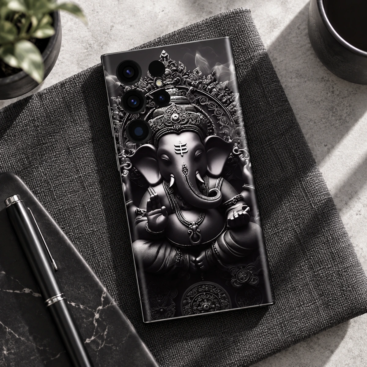 Ganesh Statue Mobile Skin - linen flat lay Ganesh Statue Mobile Skin on charcoal linen in a monochrome overhead flat lay