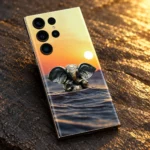 Lord Ganpati sunset water mobile skin with bronze Ganesha idol – idol detail